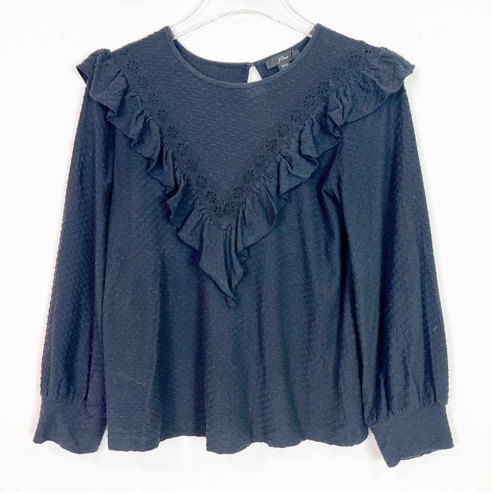 J. CREW BLACK LONG SLEEVE RUFFLE TRIM HONEYCOMB KNIT COTTON SHIRT WOMENS SZ XXS